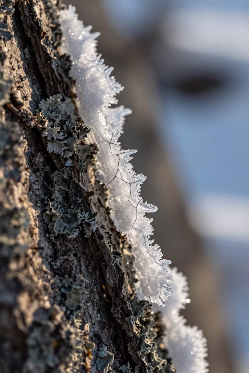 Ice Crystal Edge on Lichen Bark in Tromsø in on lichen-covered bark in Tromsø