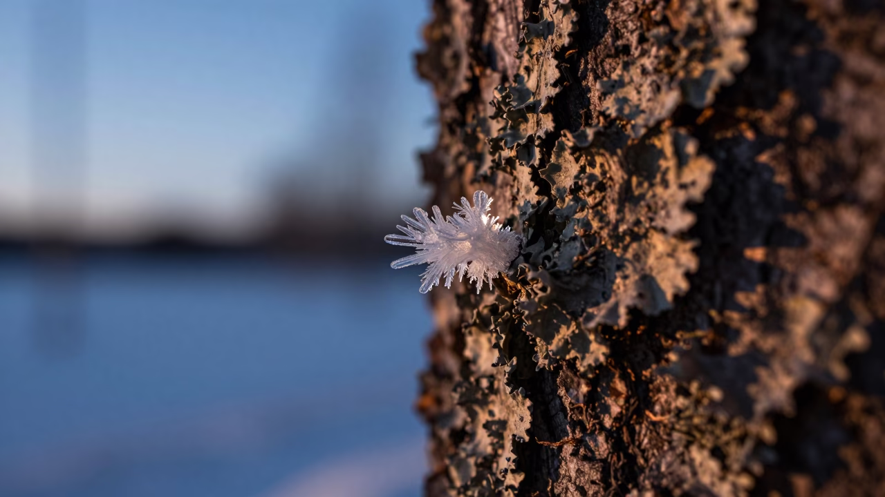 Ice Crystal Edge on Lichen Bark Twilight in on lichen-covered bark near Helsinki