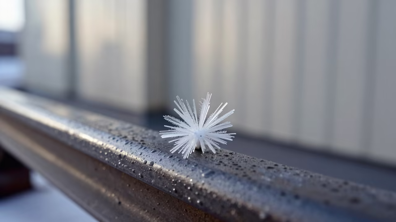 Ice Crystal Flower on Frozen Rail Oslo in across a rain-beaded metal surface in Oslo