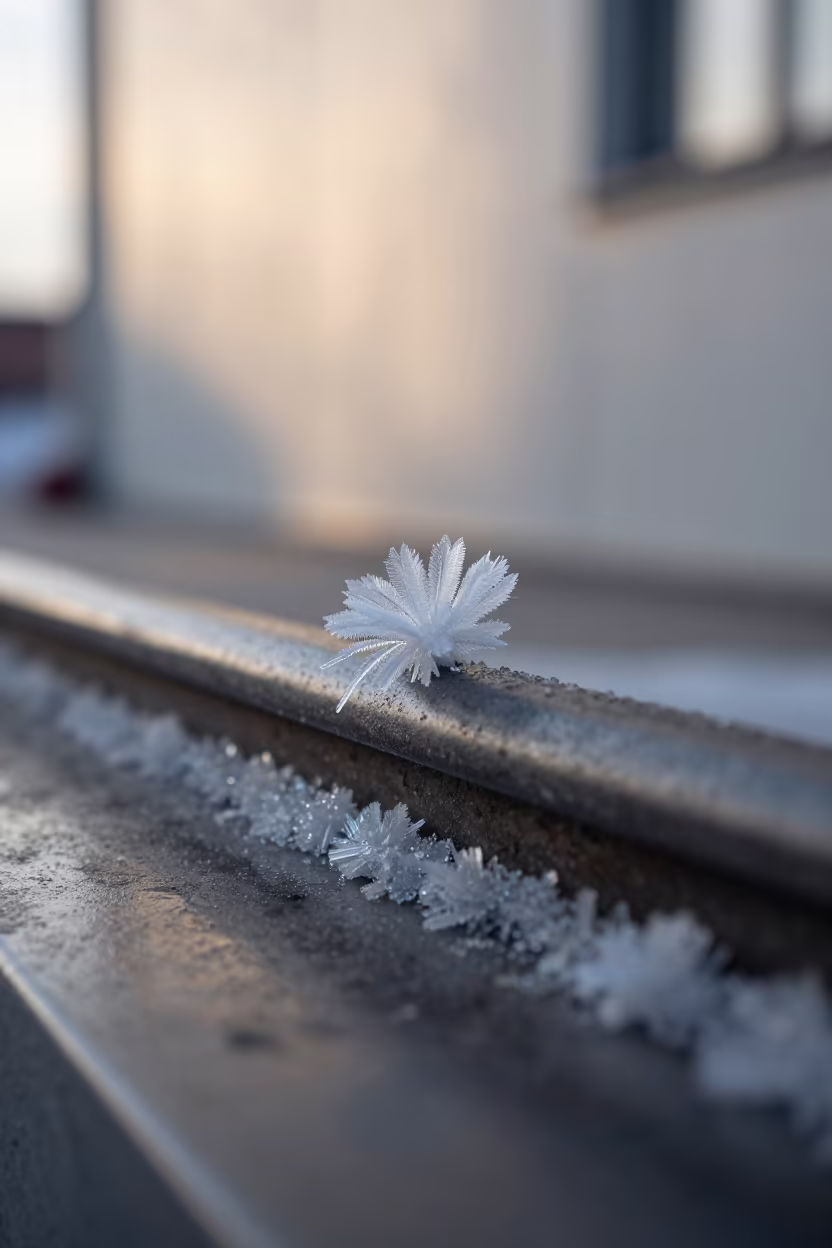 Ice Crystal Flower on Frozen Rail in on salt crystals along a pan rim in Stockholm