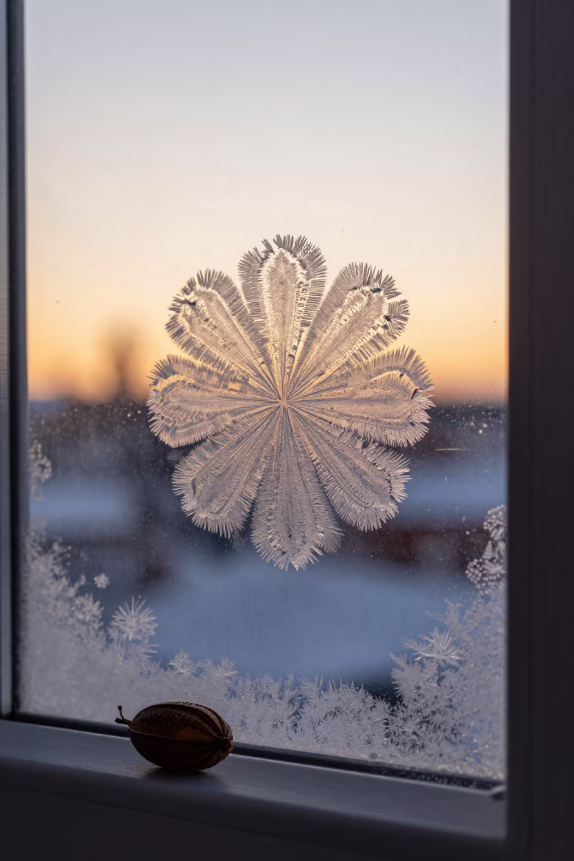 Ice Crystal Flower on Frozen Window in Rovaniemi in inside a seed pod split open in Rovaniemi
