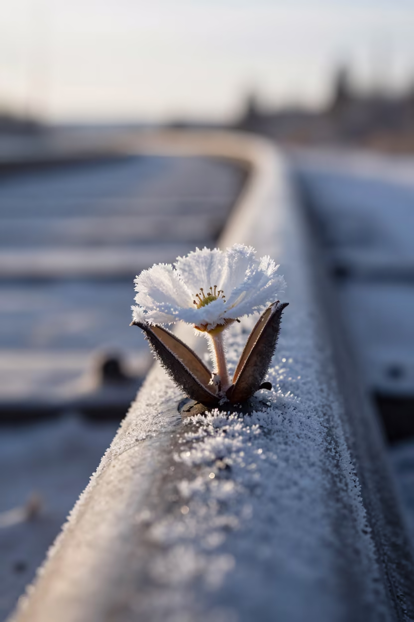 Ice Crystal Flower on Metal Rail in Yellowknife in inside a seed pod split open in Yellowknife