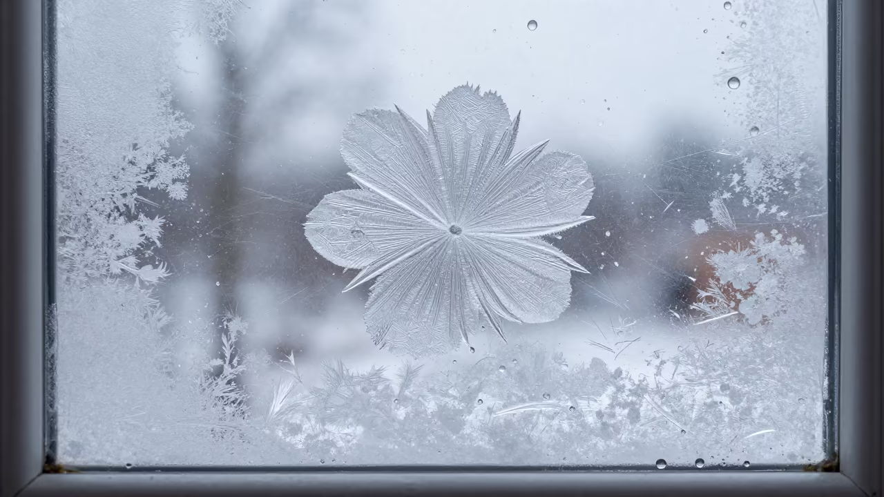 Ice Crystal Flower on Rain Beaded Metal in across a rain-beaded metal surface in Punavuori, Helsinki