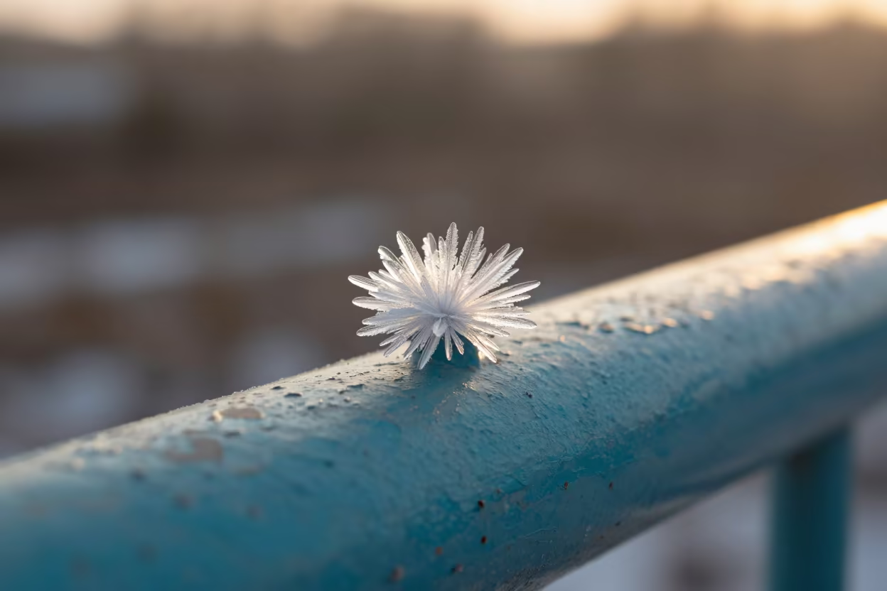 Ice Crystal Flower on Turquoise Rail in against weathered turquoise paint in Sapporo