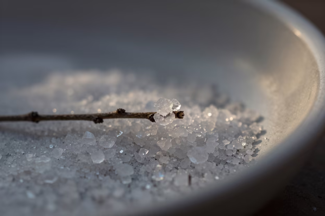 Ice Crystal Growth on Twig in Oslo in on salt crystals along a pan rim in Oslo