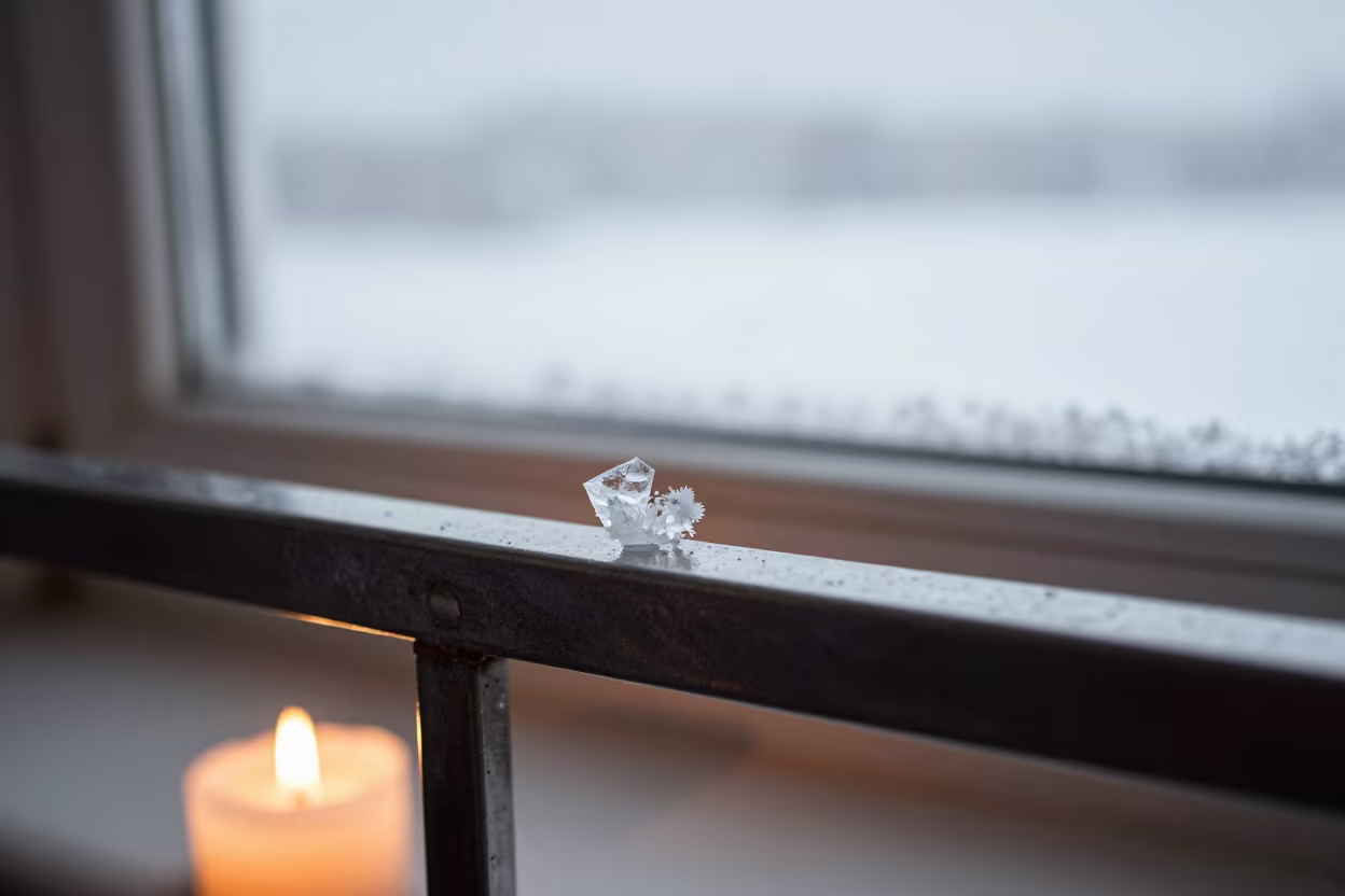 Ice Crystal on Steel Railing in Murmansk in along a frost-edged windowpane near Murmansk