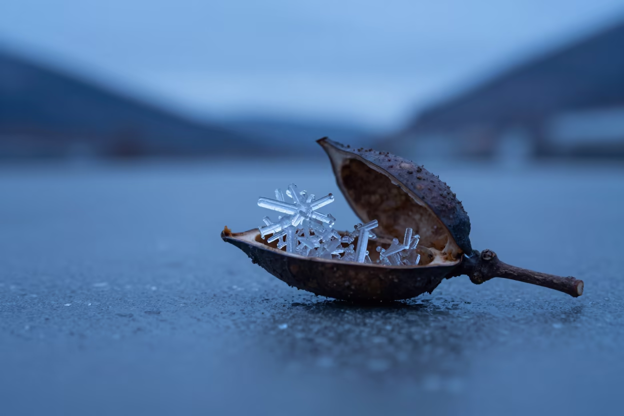 Ice Crystal on Twig Inside Seed Pod Oslo in inside a seed pod split open near Oslo