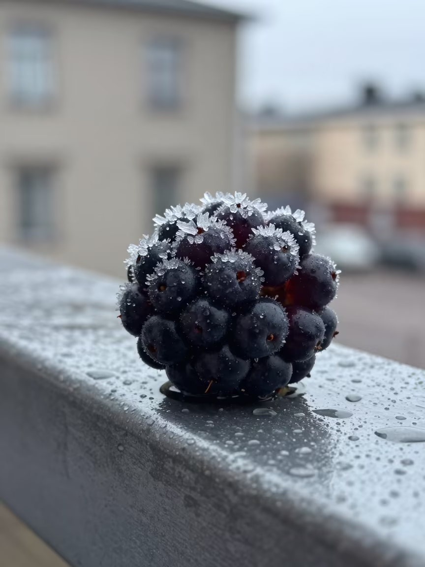 Ice Crystals on Berry Helsinki Thaw in across a rain-beaded metal surface near Helsinki