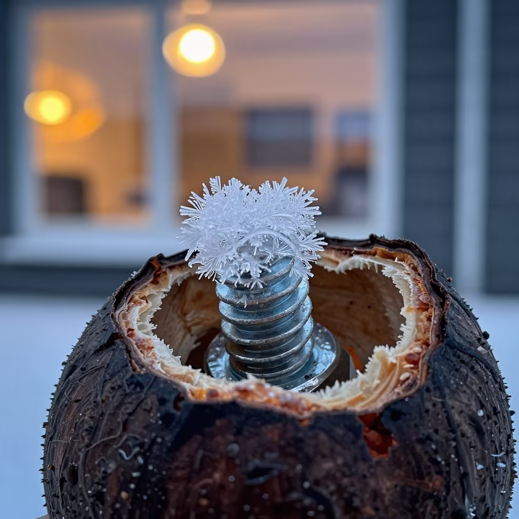 Ice Crystals on Bolt in Seed Pod in inside a seed pod split open in Tromsø
