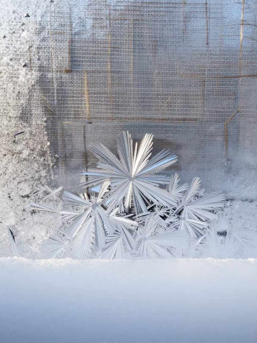 Ice Crystals and Fog on Linen Window in against woven linen fibers in Stockholm