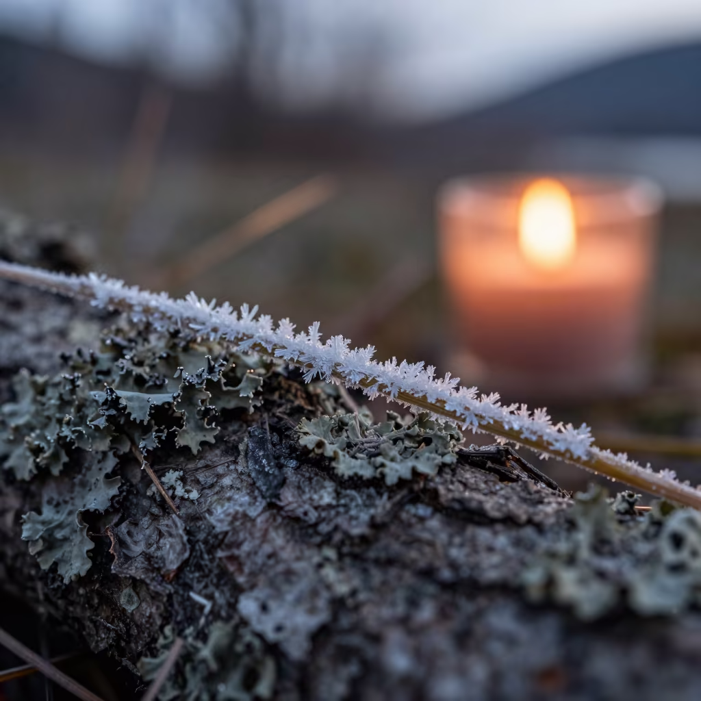 Ice Crystals on Frozen Grass in Oslo in on lichen-covered bark in Oslo