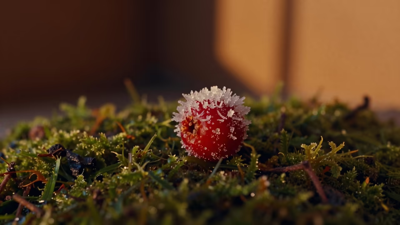 Ice Crystals on Red Berry in Sapporo in on dew-soaked moss in Sapporo