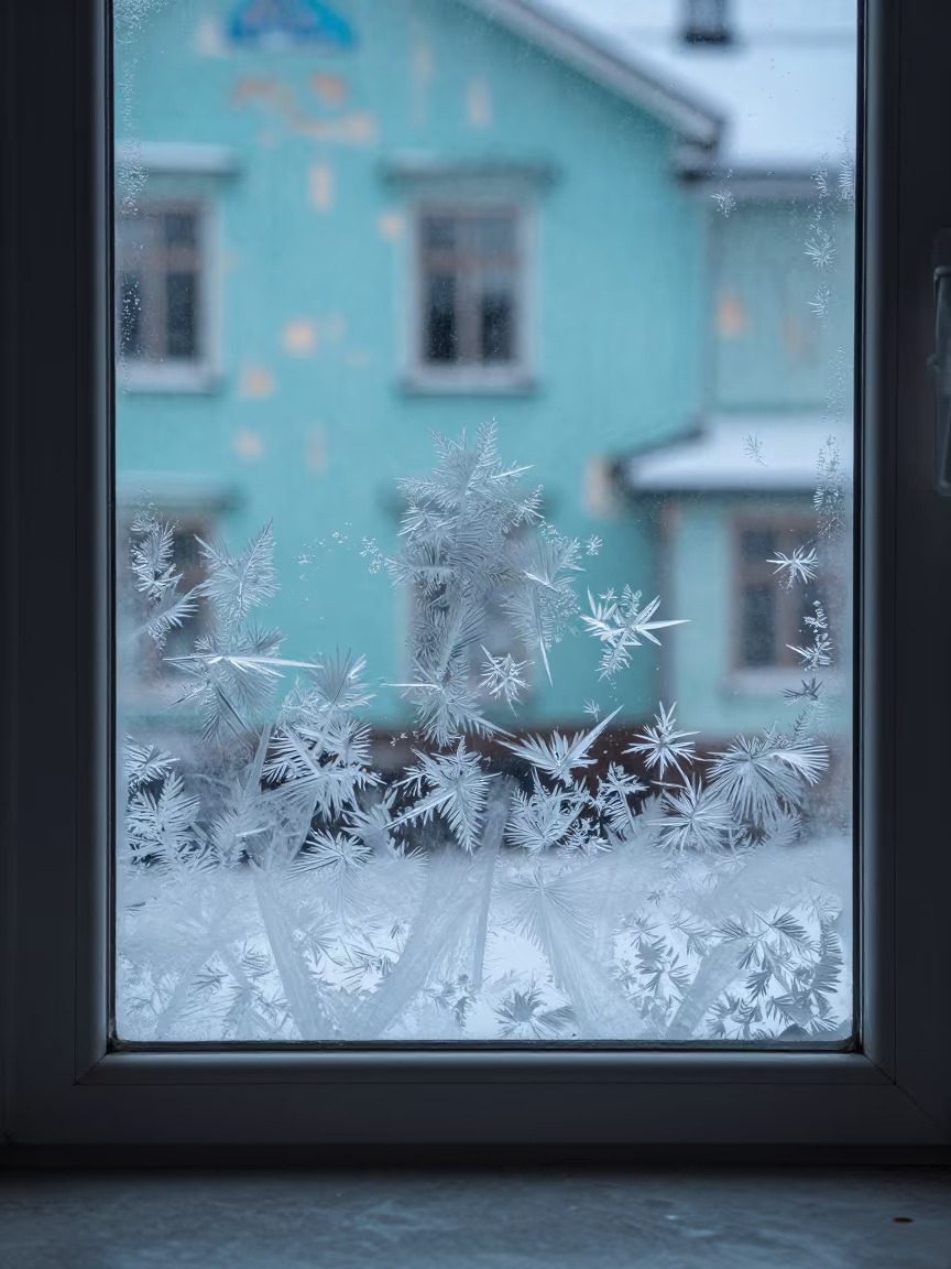 Ice Crystals on Turquoise Window Rovaniemi in against weathered turquoise paint near Rovaniemi