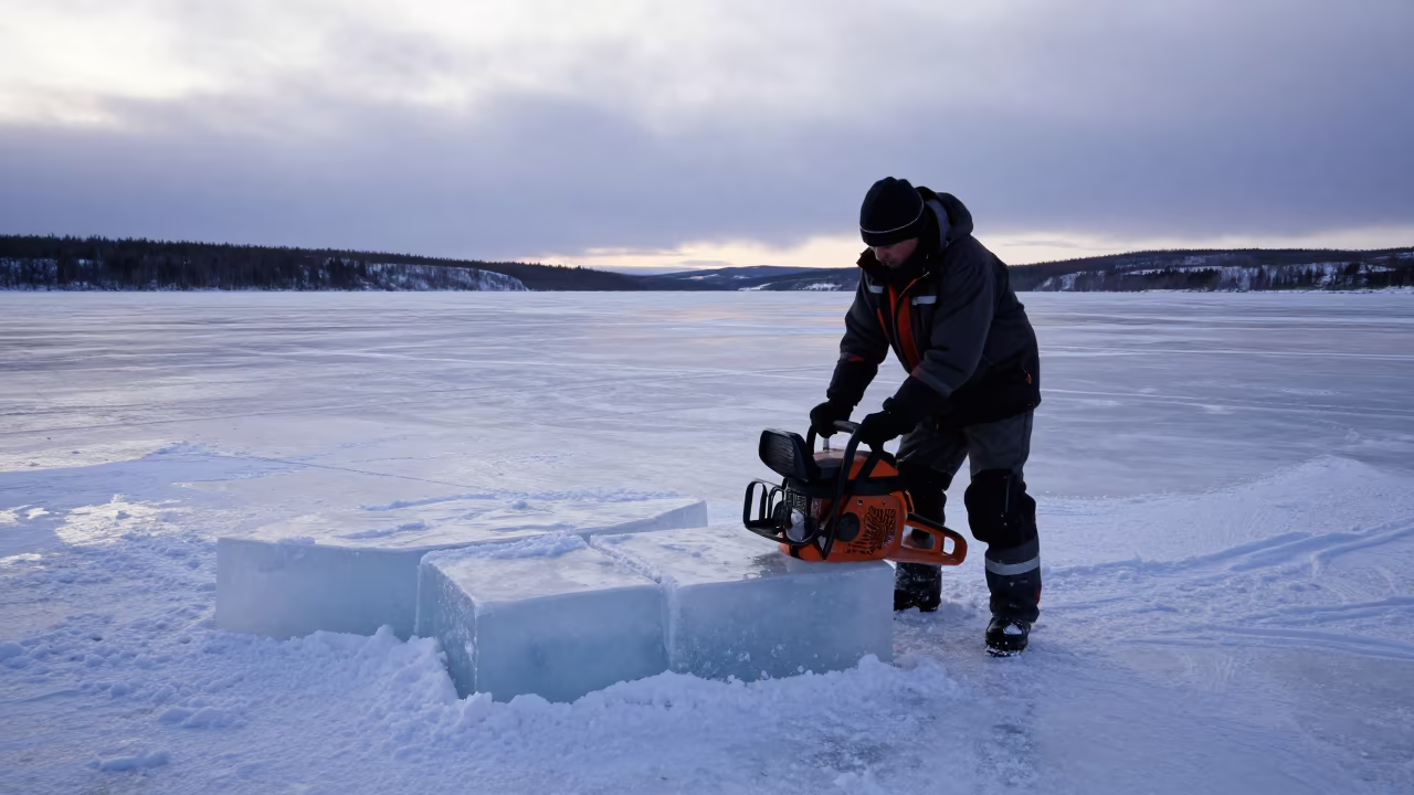 Ice Cutter Sawing Frozen Lake Blocks Before Dawn in across a wide valley floor in Northwest Territories