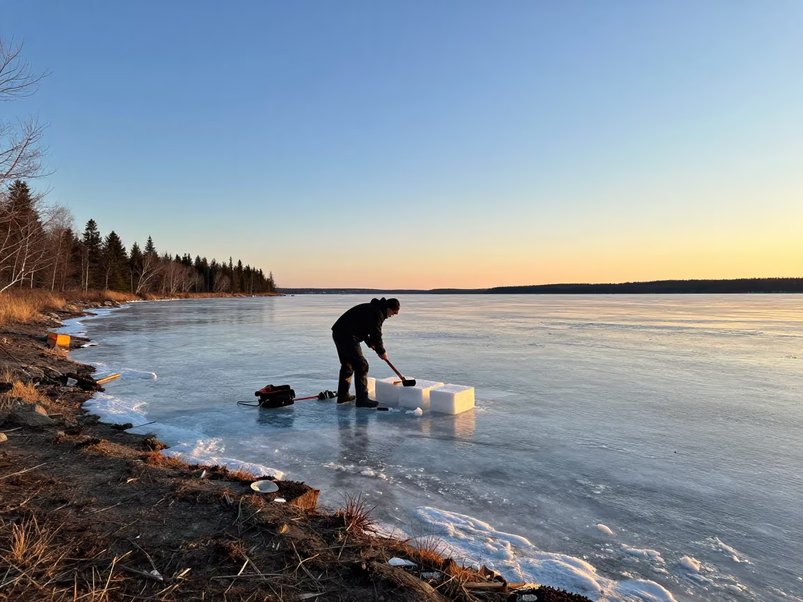 Ice Cutter Saws Frozen Lake Shore at Golden Hour in along a wave-cut shoreline in Northwest Territories