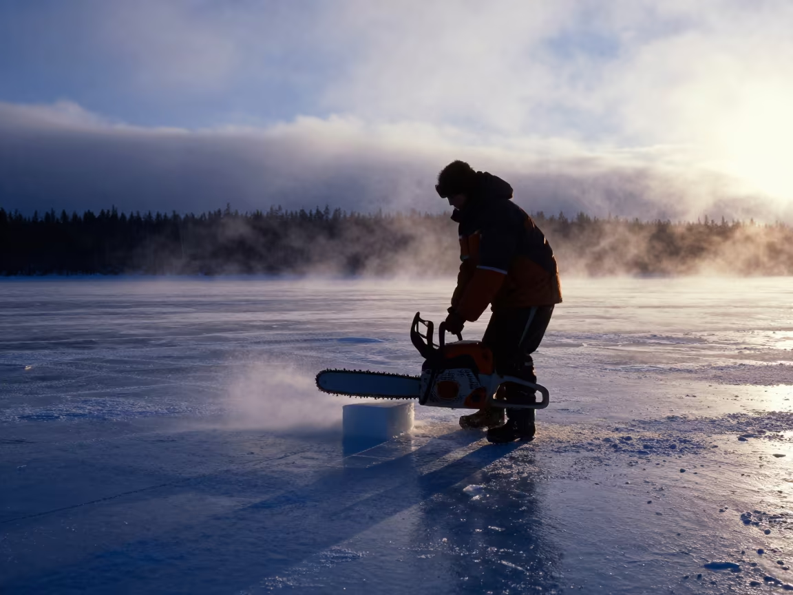 Ice Cutter Saws Frozen Lake at Twilight in in Canada