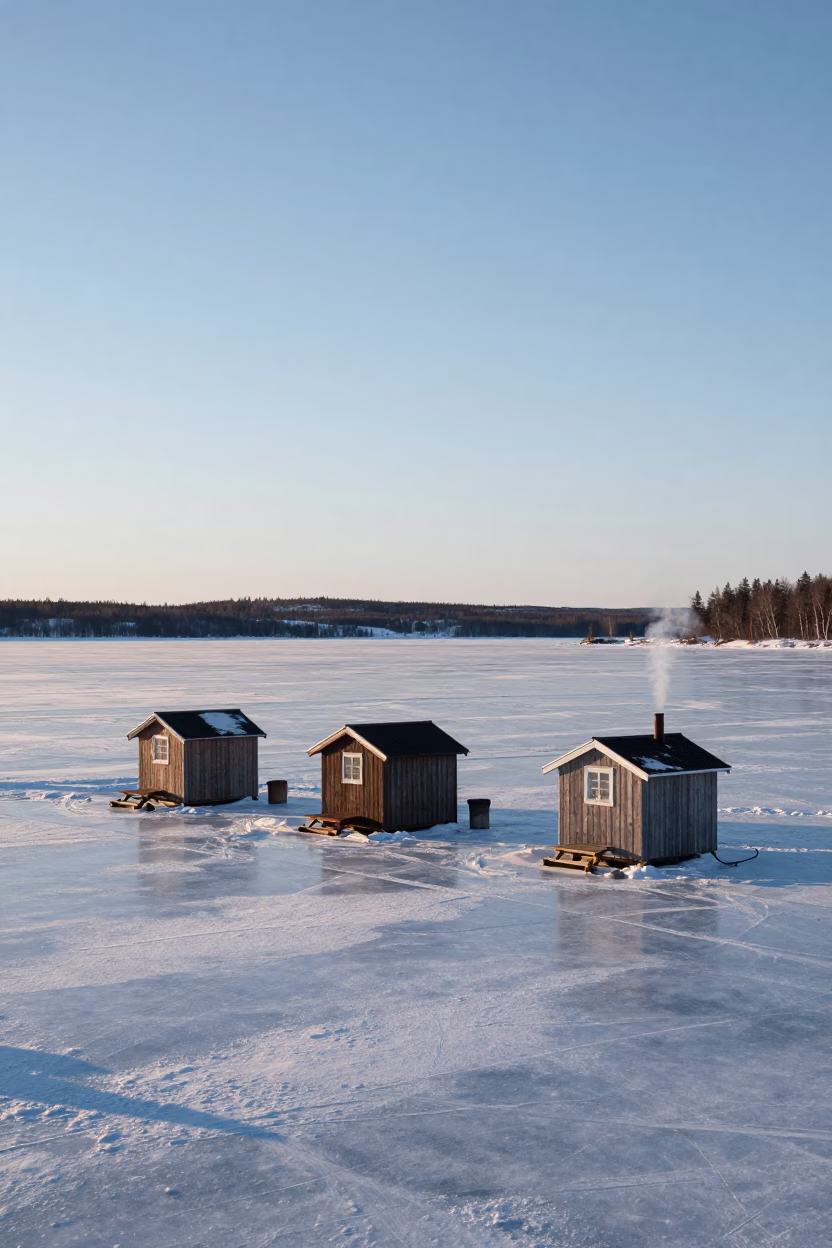 Ice Fishing Shanties Dawn Swedish Valley in across a wide valley floor in Sweden