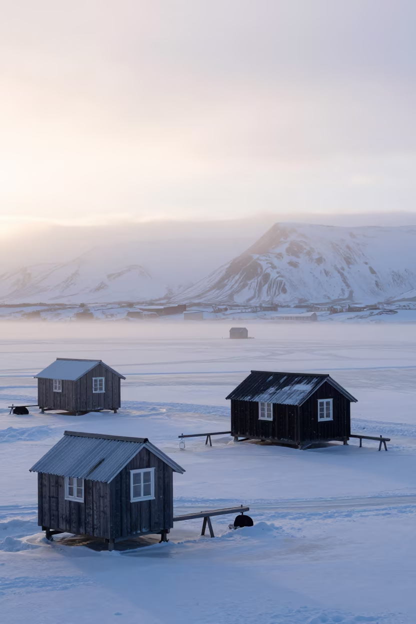 Ice Fishing Shanties on Frozen Lake at Dawn in across a wide valley floor near Grandi, Reykjavik