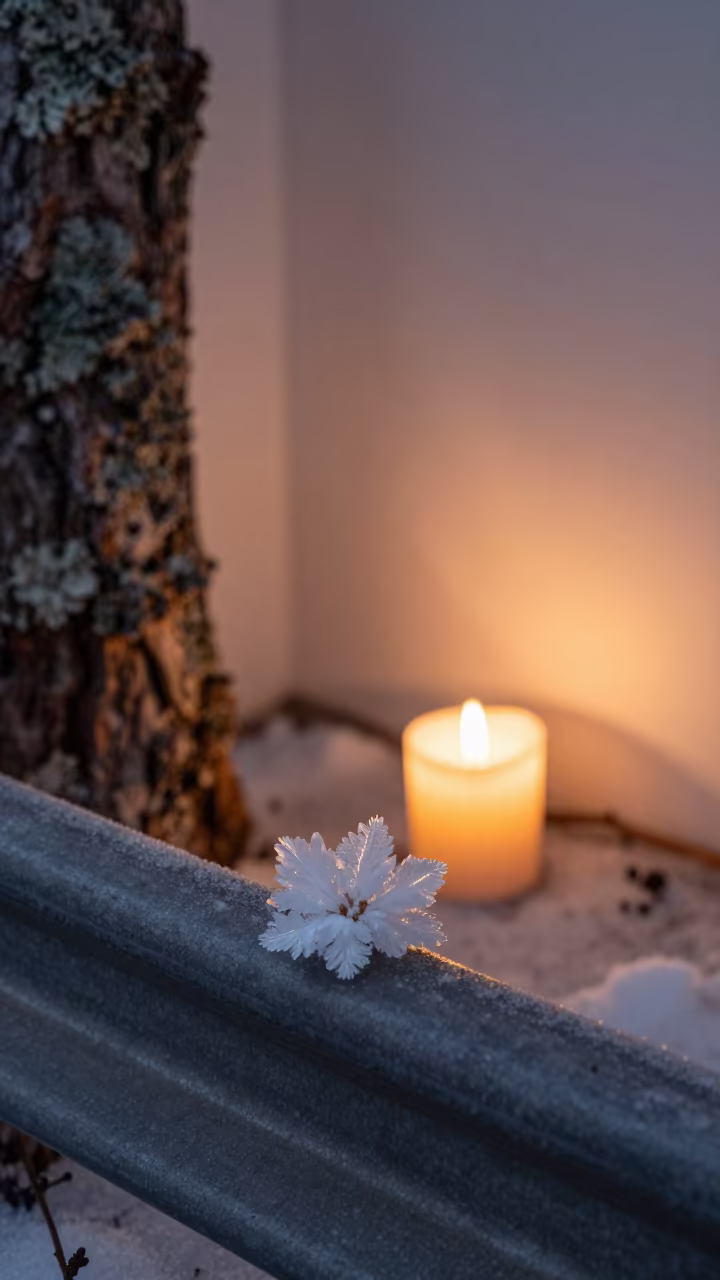 Ice Flower on Metal Rail in Reykjavik in on lichen-covered bark in Old Harbour, Reykjavik