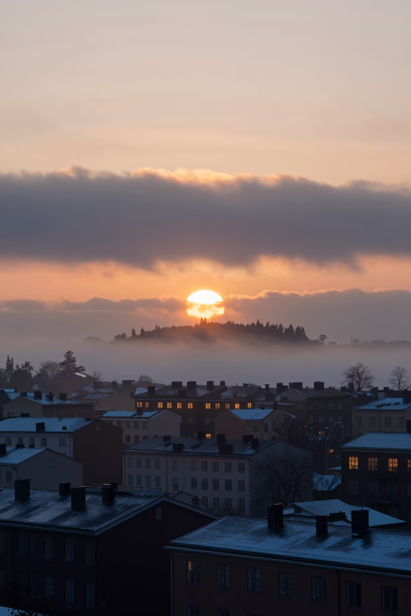 Ice Fog Dawn Over Stockholm Thunderheads in over a horizon of stacked thunderheads near Kungsholmen, Stockholm