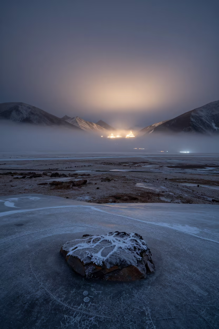 Ice Fog Night Over Tibet Plain in across a storm-bright plain in Tibet