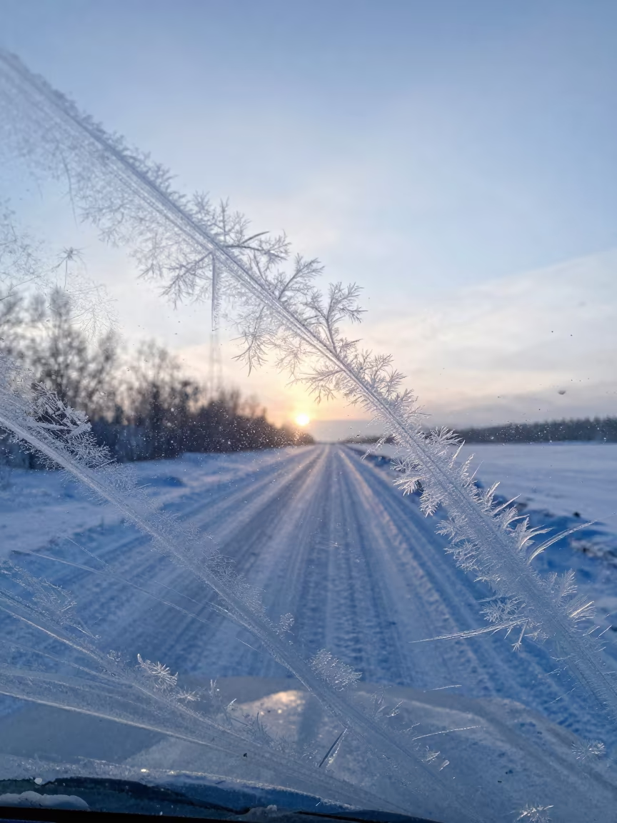 Ice Fractals on Car Window Polar Dawn in in Russia