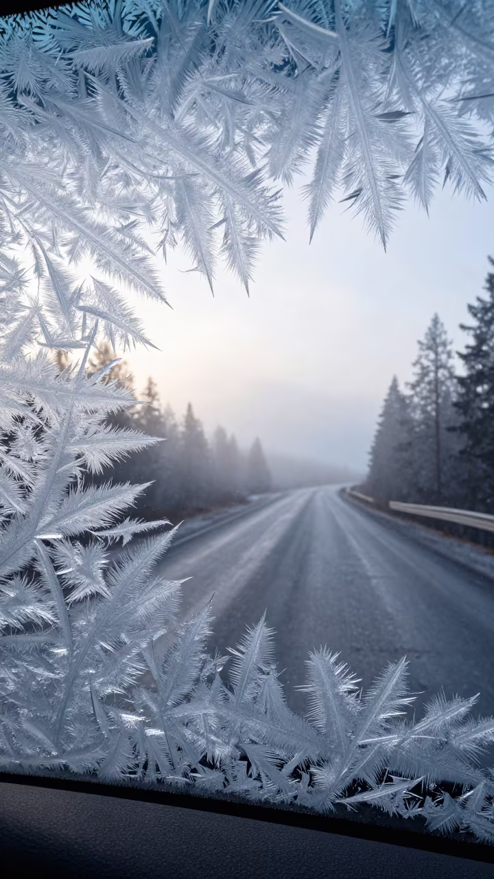 Ice Fractals on Car Window at Swedish Dawn in along a switchback approach in Sweden