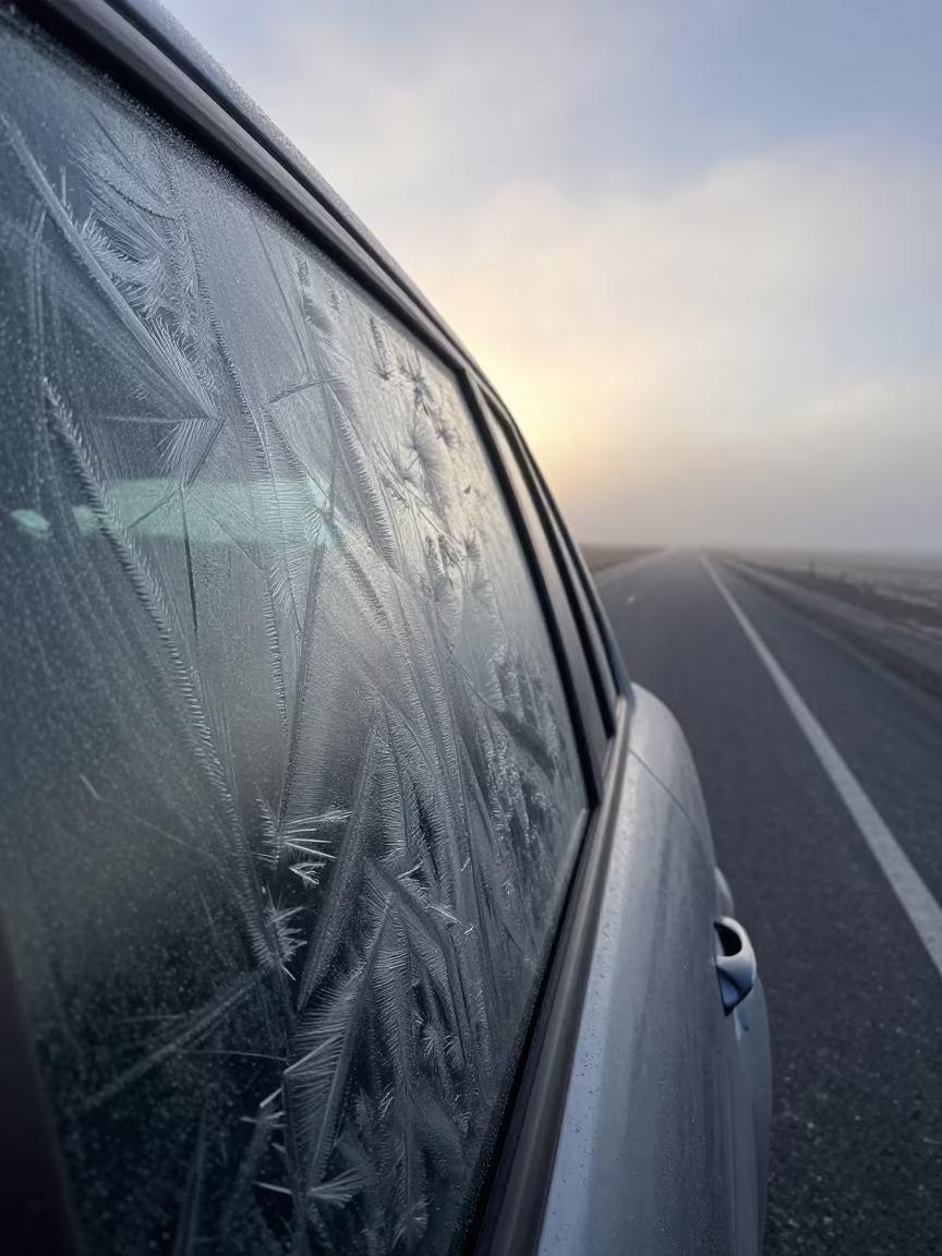 Ice Fractals on Car Window Tibet Dawn Mist in on a wind-open causeway in Tibet