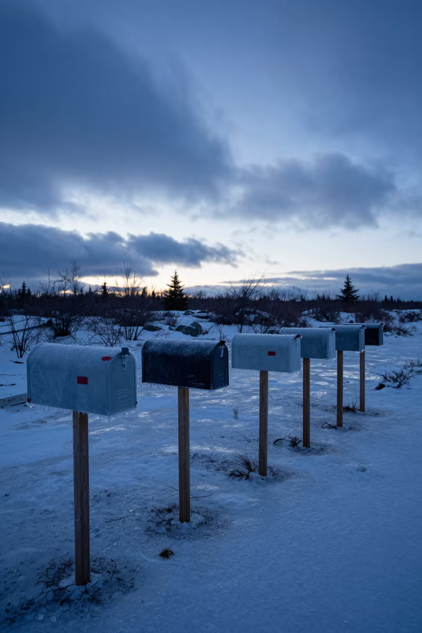Ice Glazed Mailboxes in Alaskan Polar Night in across a storm-bright plain in Alaska