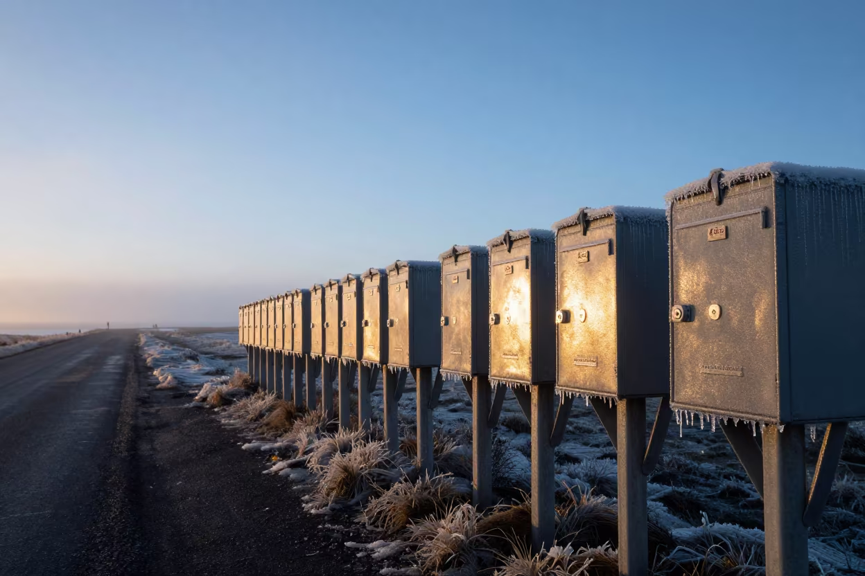 Ice Glazed Mailboxes in Reykjavik Sunset Fog in through low marine fog near Reykjavik