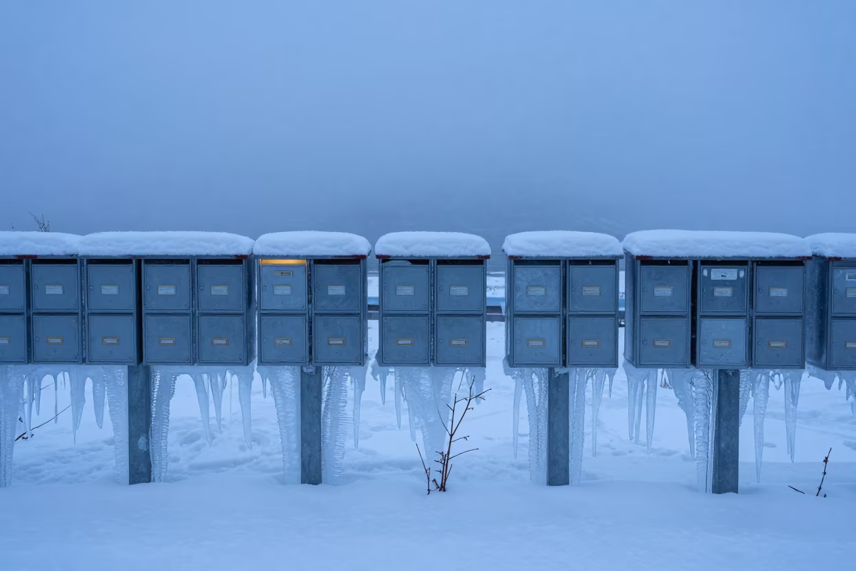 Ice Glazed Mailboxes in Sapporo Fog in through low marine fog near Sapporo