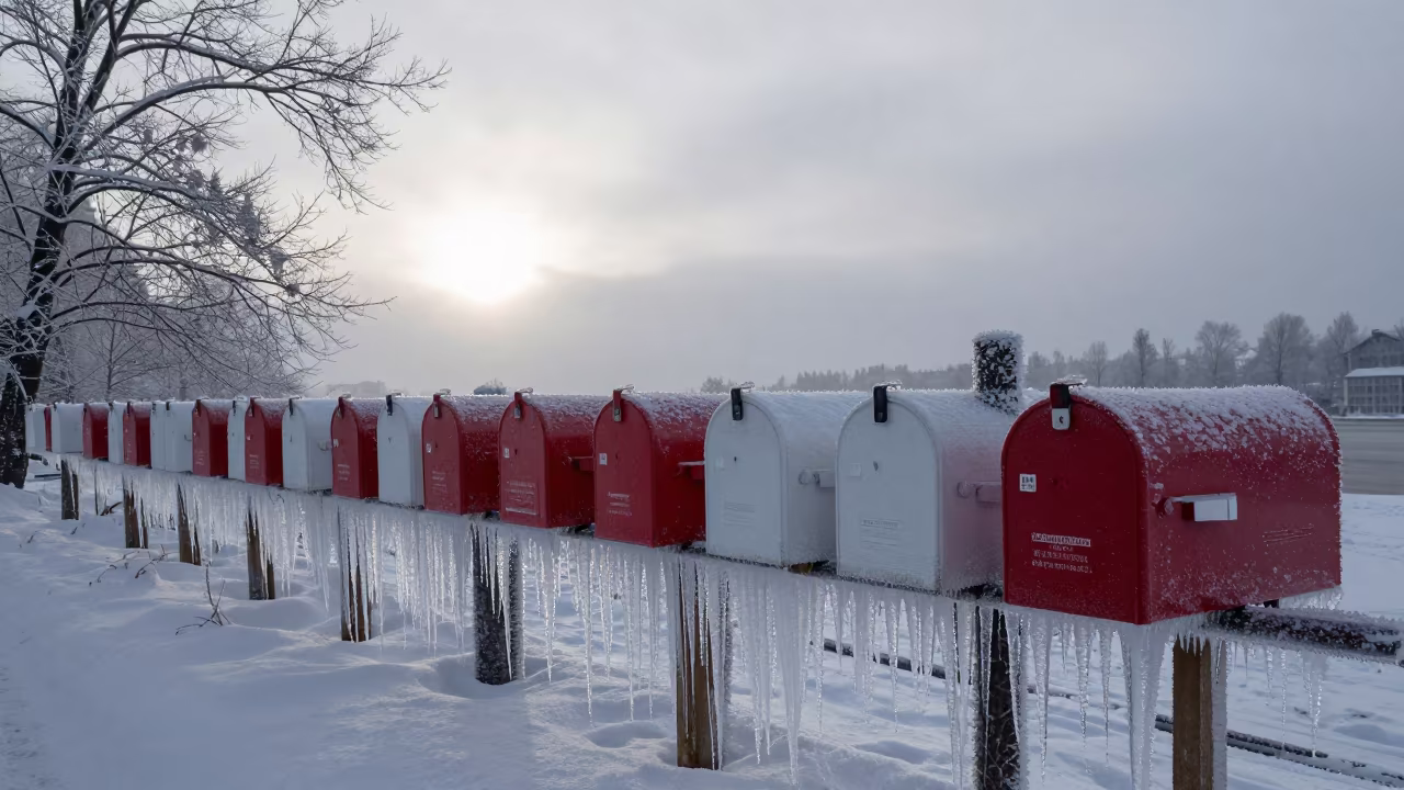 Ice Glazed Mailboxes in Stockholm Dawn Light in near Stockholm