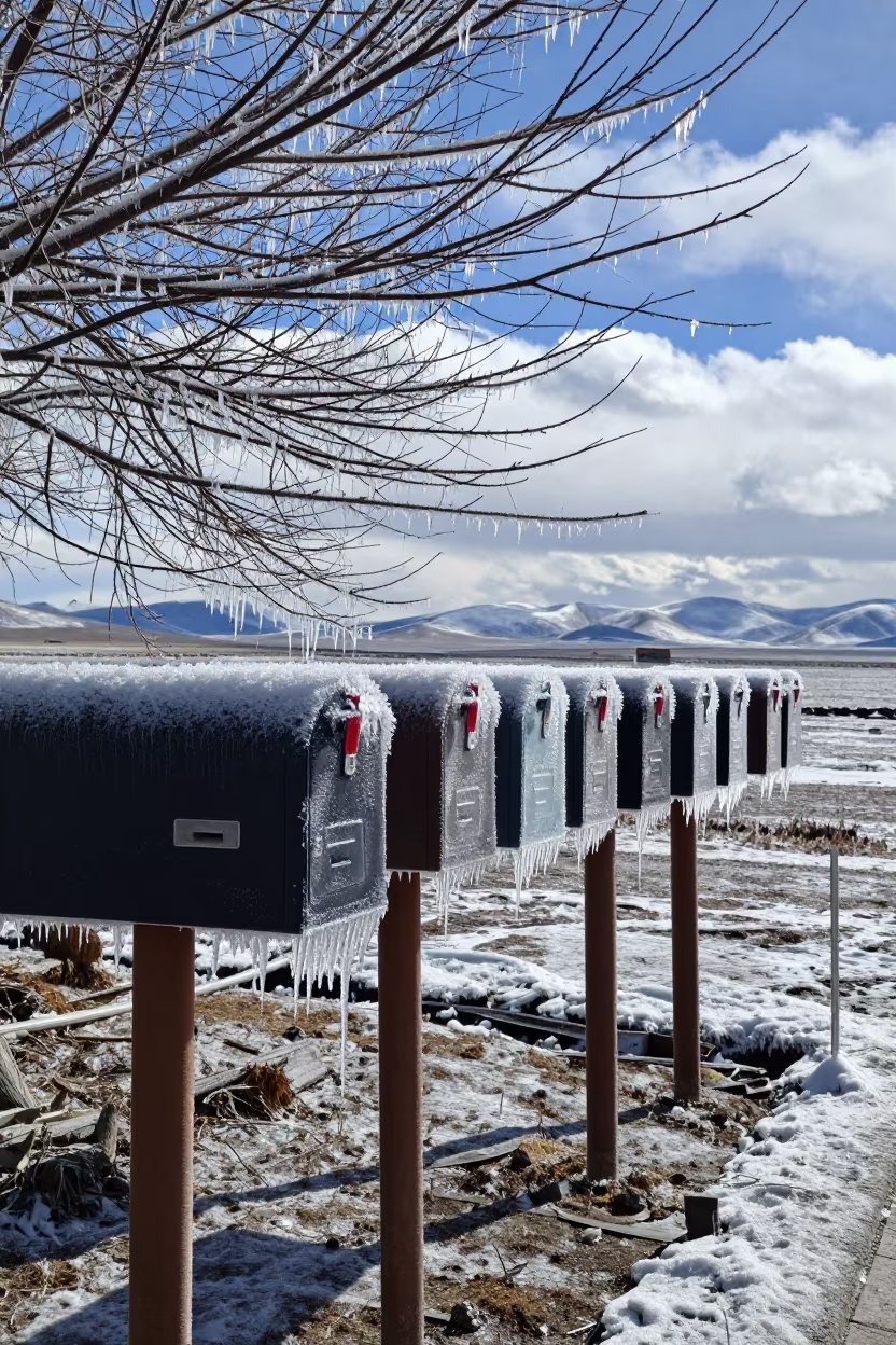 Ice Glazed Mailboxes in Tibet Midmorning in across a storm-bright plain in Tibet
