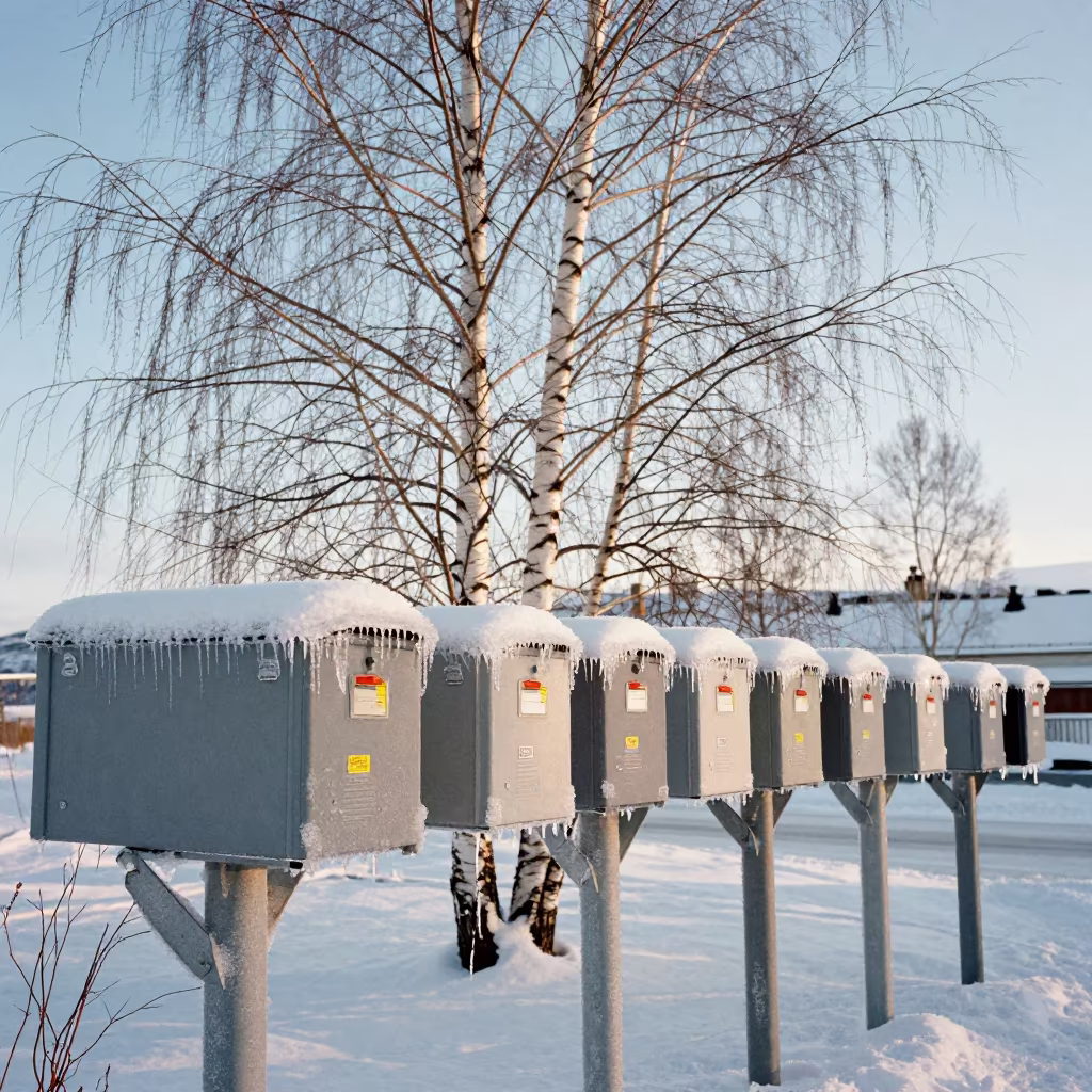 Ice Glazed Mailboxes Under Winter Arctic Sky in near Tromsø