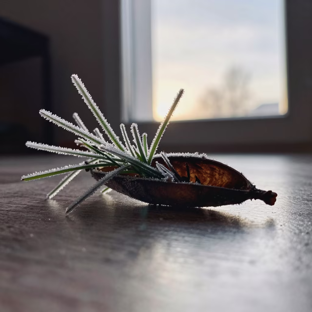 Ice Needles on Frozen Grass Inside Seed Pod in inside a seed pod split open in Helsinki