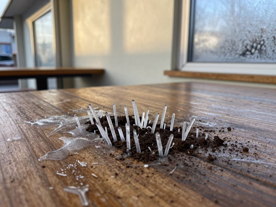 Ice Needles Pushing Through Frozen Ground in on a cafe table by a window in Rovaniemi