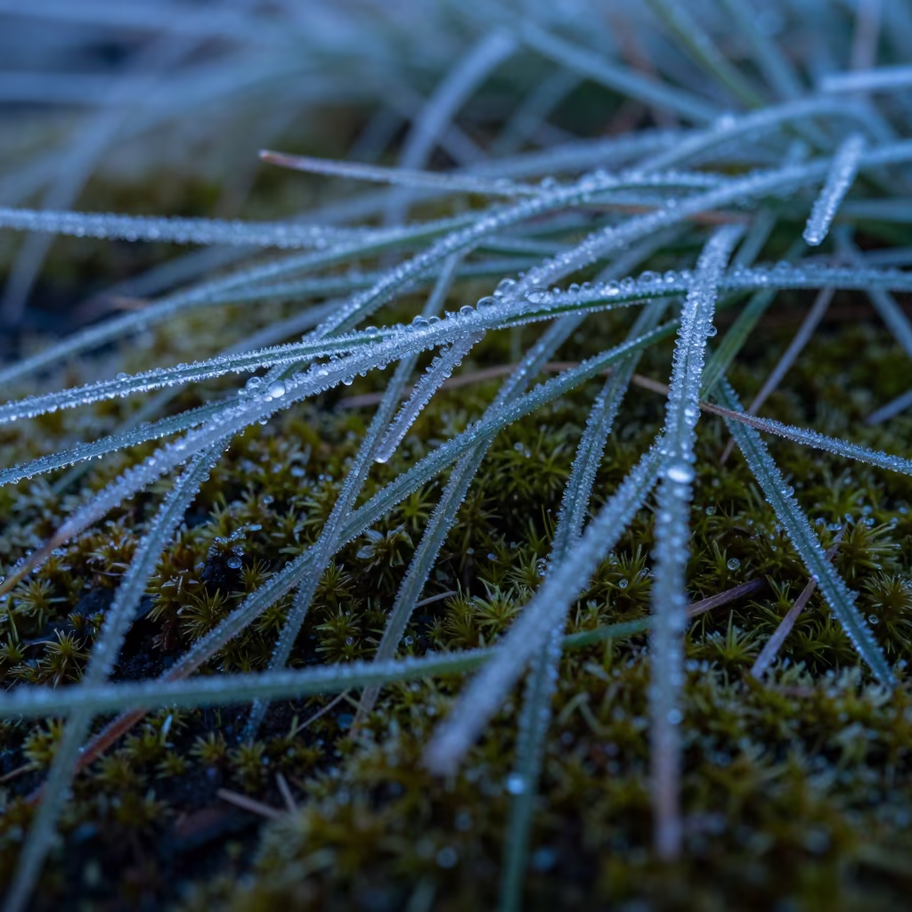 Ice Needles on Vancouver Moss in Blue Evening Light in on dew-soaked moss in Commercial Drive, Vancouver