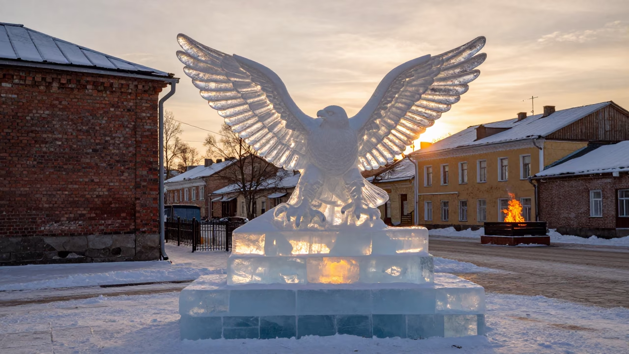 Ice Sculptor Carving Eagle Murmansk Golden Hour in in the old quarter in Murmansk