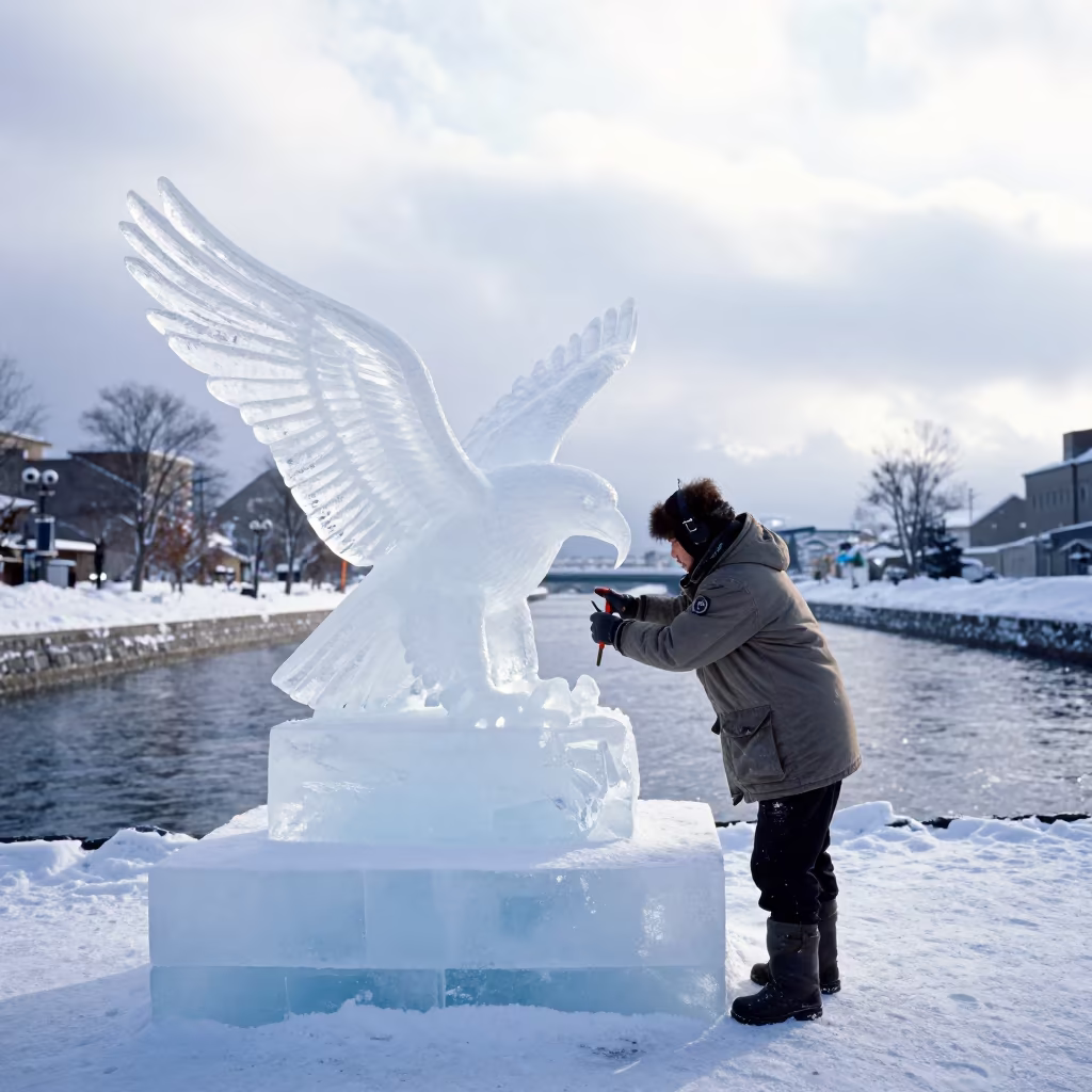 Ice Sculptor Carving Eagle Sapporo Canal in beside a canal in Sapporo