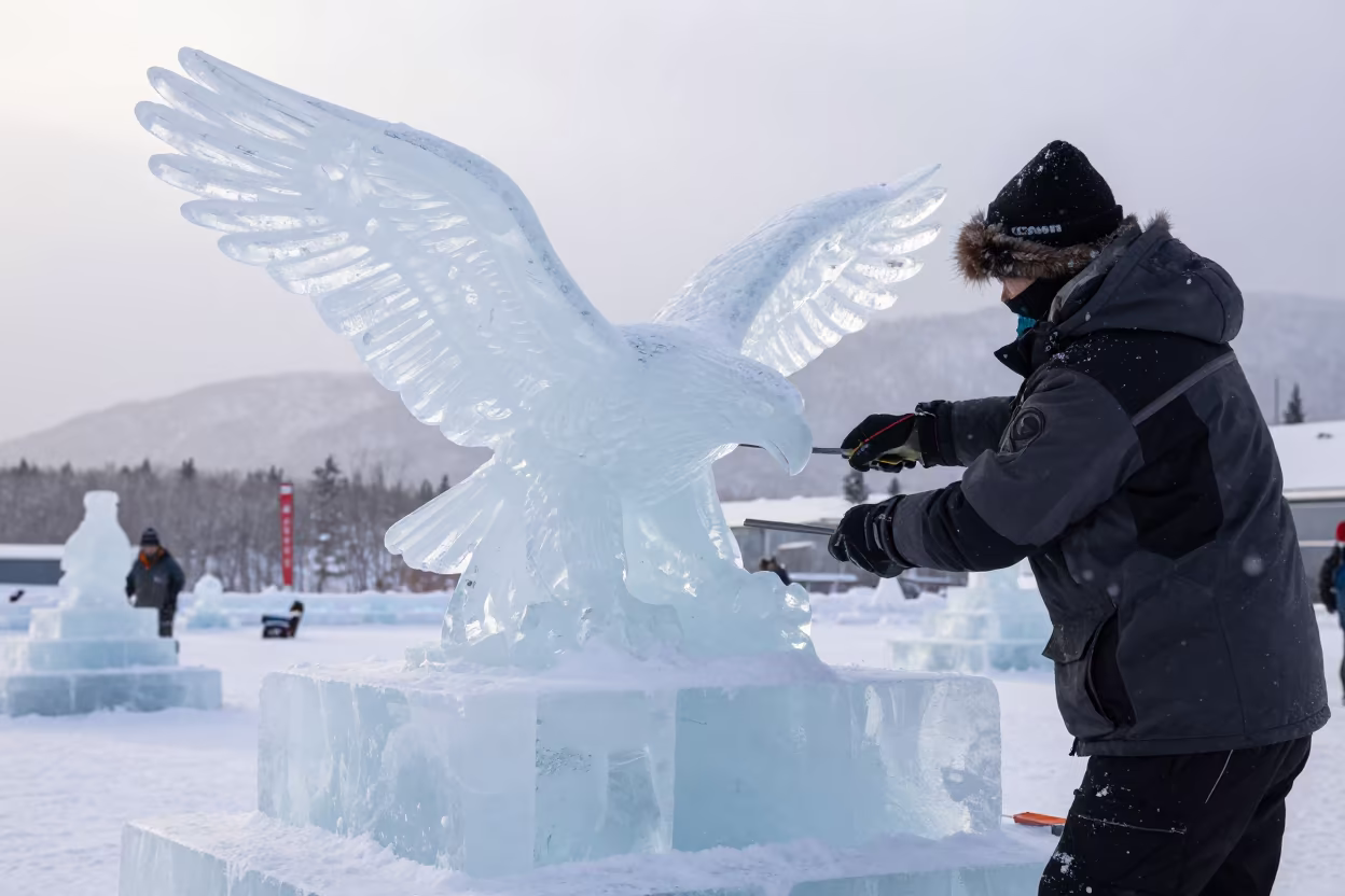 Ice Sculptor Carving Eagle in Sapporo Winter in near Sapporo