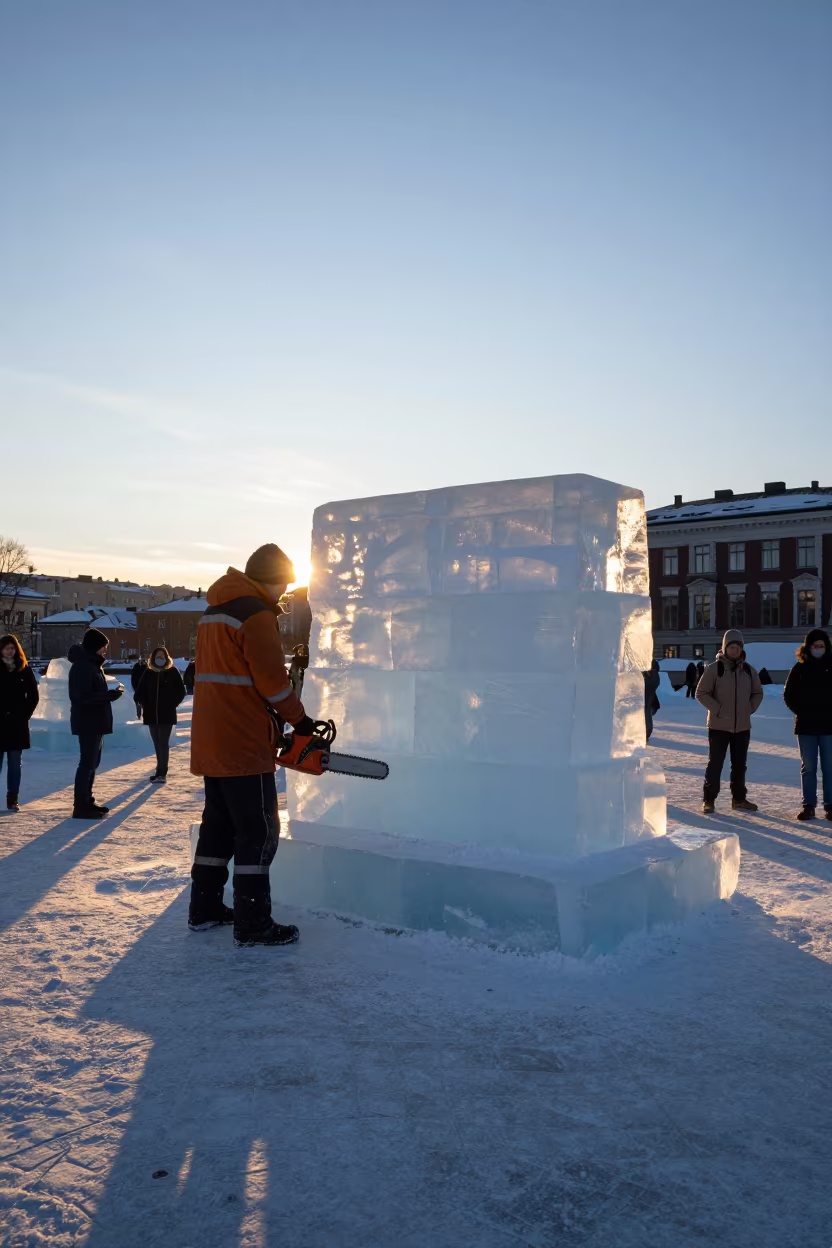 Ice Sculptor Chainsaw Evening Oslo in at a public square in Oslo