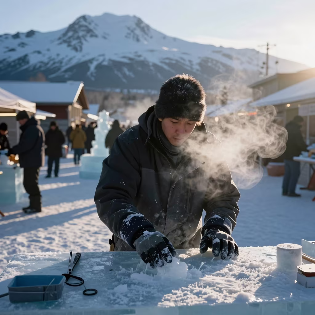 Ice Sculptor with Frozen Breath in Anchorage Mist in along a market lane in Anchorage