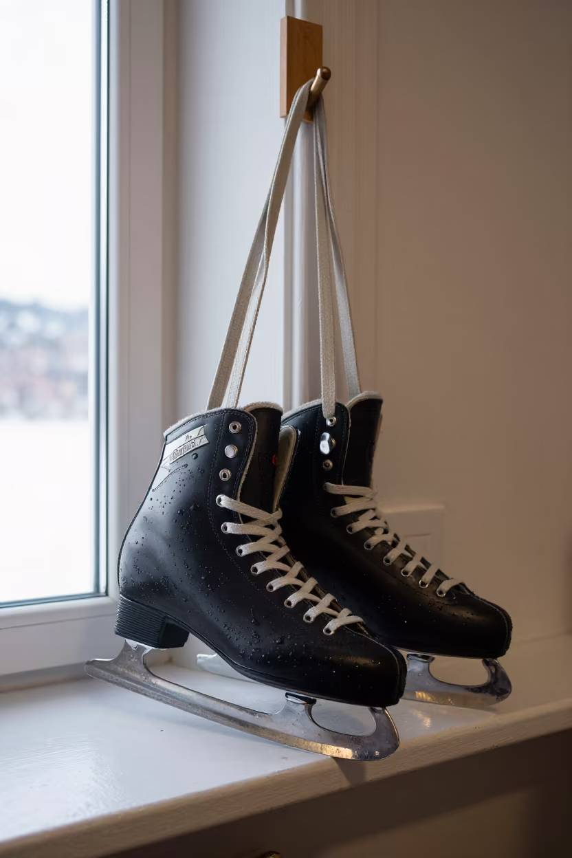 Ice Skates on Door Hook Oslo Spring in on a painted display ledge in Oslo