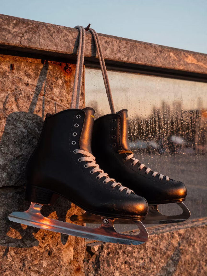 Ice Skates on Stone Ledge Before Dusk in on a stone ledge in Yellowknife