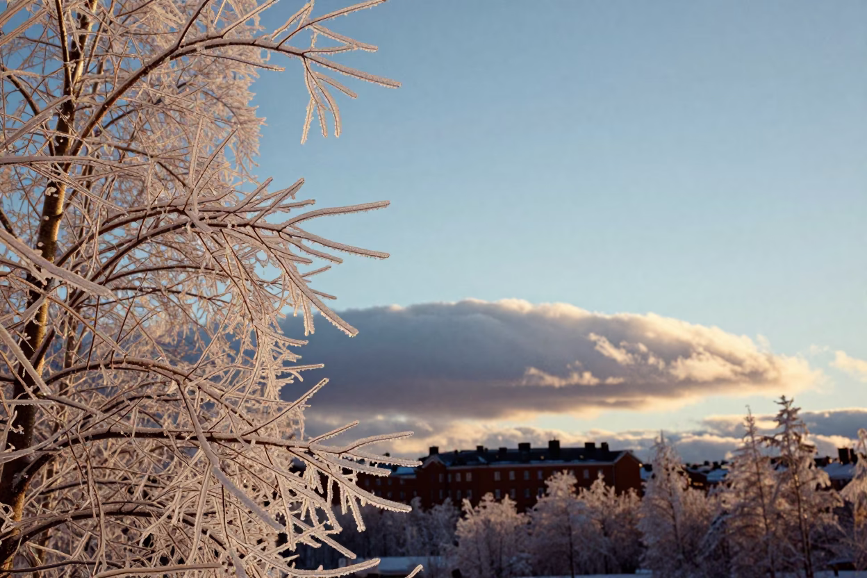 Ice Storm Coats Branches in Golden Helsinki Evening in over a horizon of stacked thunderheads near Helsinki