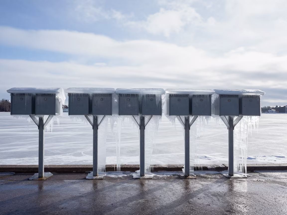 Ice Storm Glazes Bare Mailboxes Under Noon in beneath fast-moving cloud bands near Kallio, Helsinki