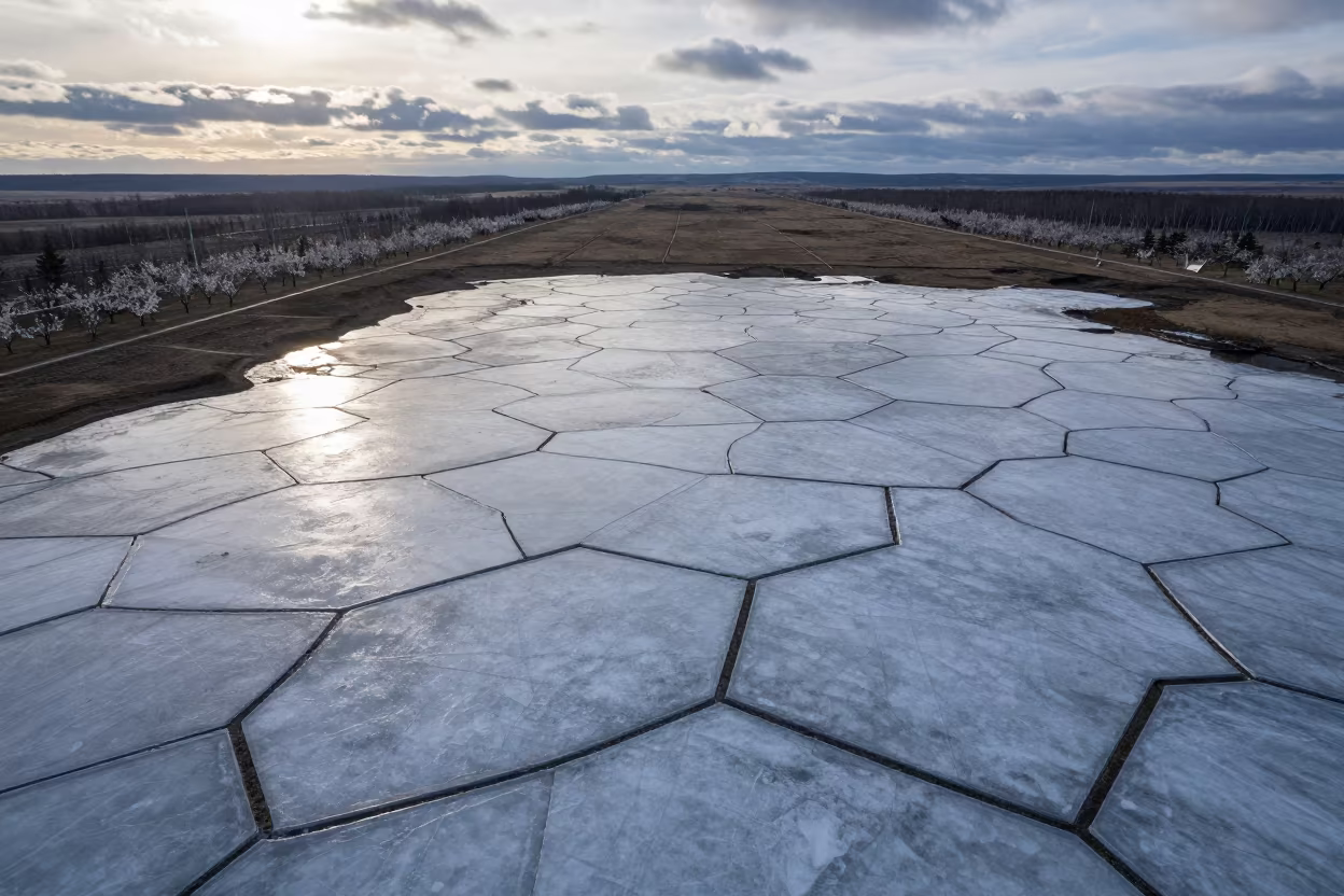 Ice Wedge Polygon Tundra Aerial View Siberia in far above orchard blocks and irrigation lines in Siberia