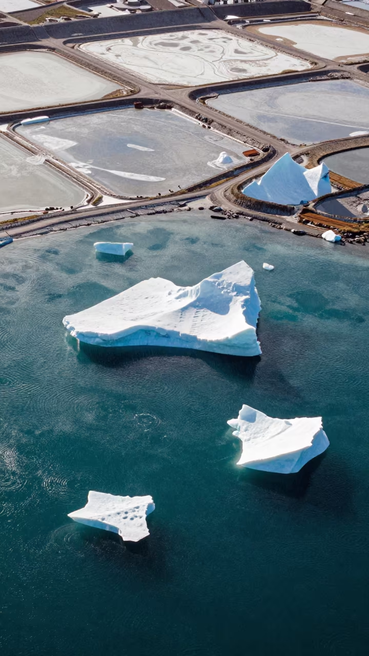 Icebergs Floating in Jordan Salt Ponds in high over salt ponds and causeways near Amman