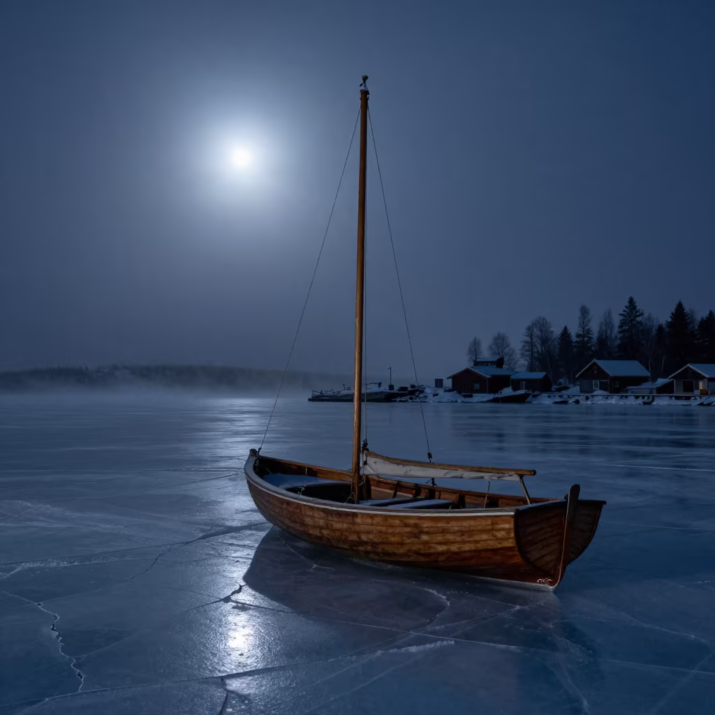Iceboat Under Arctic Night Moonlight Fog in beside a fogbound harbor mouth in Sweden