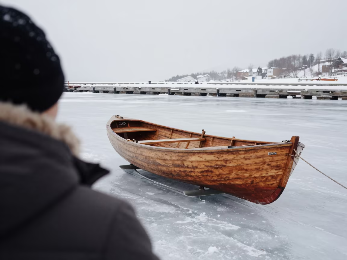 Iceboat on Frozen Lake with Falling Snow in Sapporo in at a harbor quay near Sapporo